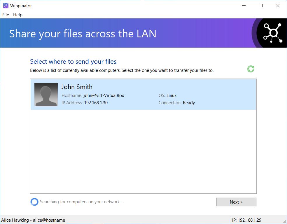 Winpinator main interface showing discovered devices on local network