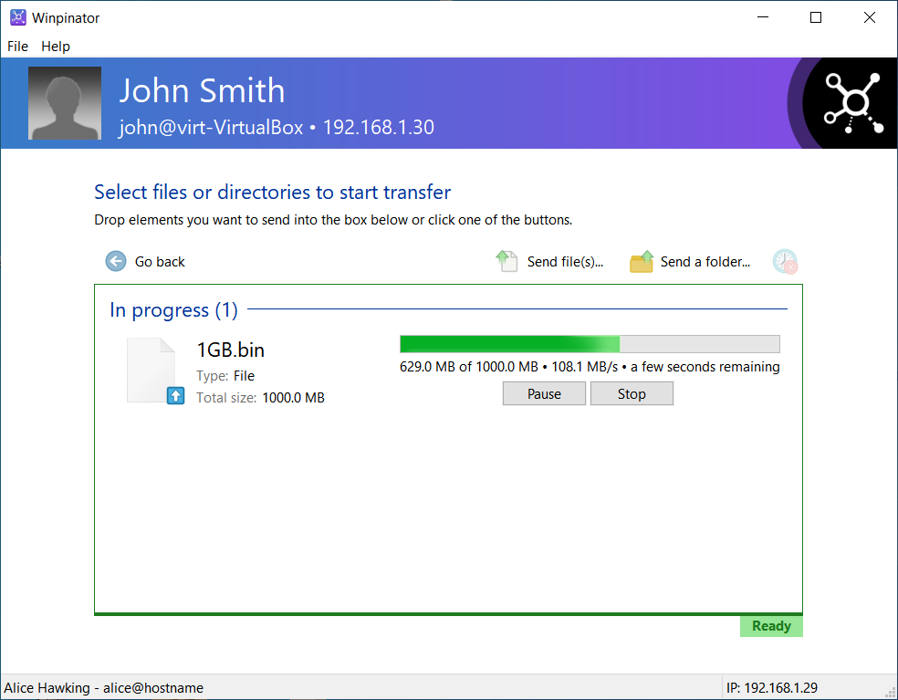 Winpinator file transfer in progress between Windows and Linux