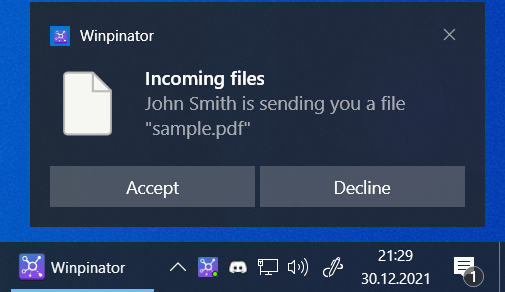 Winpinator transfer history and completed file transfers
