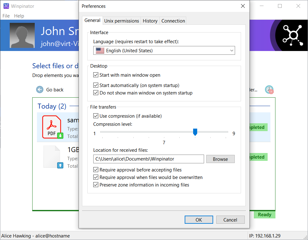 Winpinator settings and configuration options panel